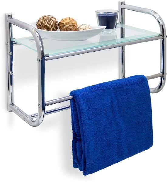 Relaxdays handdoekhouder met plateau uit glas handdoekrek plankje 2 stangen