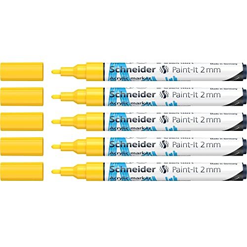 Schneider Paint-It Acrylstiften (met 2 mm ronde punt, zeer dekkende acrylverf voor hout, canvas, steen en nog veel meer.) 5-pack, geel