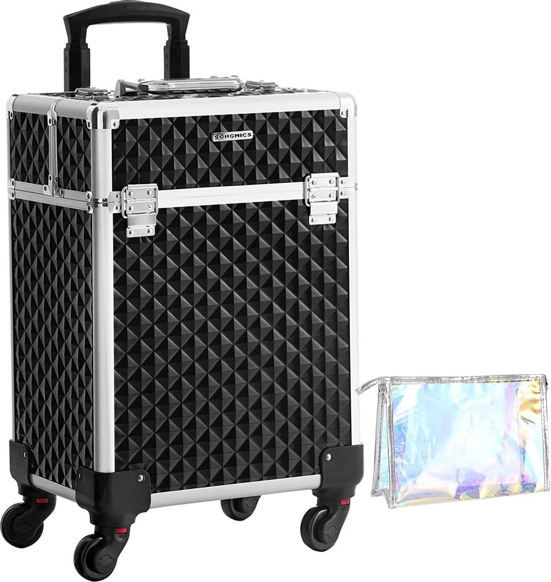 Songmics Cosmetische koffer, trolley, make-up case met handvat, 4 universele wielen, 4 uitschuifbare dienbladen, make-up tas, voor reizen, zwart JHZ013B01