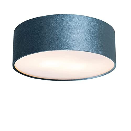 QAZQA - Modern Plafondlamp blauw 30 cm met gouden binnenkant - Drum | Woonkamer | Slaapkamer | Keuken - Stof Cilinder - E27 Geschikt voor LED - Max. 2 x 40 Watt