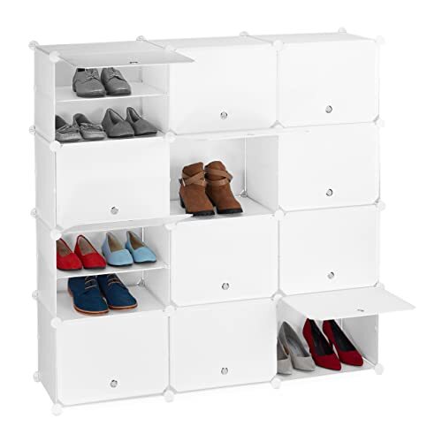 Relaxdays Schoenenkast, 24 vakken met deuren, planksysteem voor schoenen, kunststof en metaal, h x b x d: 125 x 125 x 32 cm, wit