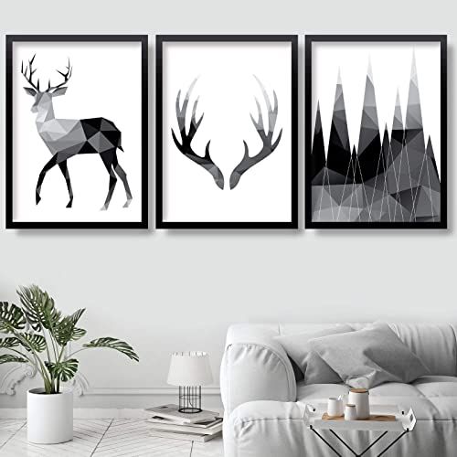 Artze Wall Art - Geometrische Hertengewei en Bergen - 3-delig - 40x50cm - Zwart/Grijs