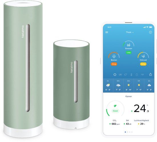 Netatmo Slim Weerstation ORIGINAL – 2e Generatie – CO2 & Geluidsmeter – Temperatuur, Luchtkwaliteit, UV & Pollen – Binnen & Buiten – Werkt met Apple Home, Alexa, Google