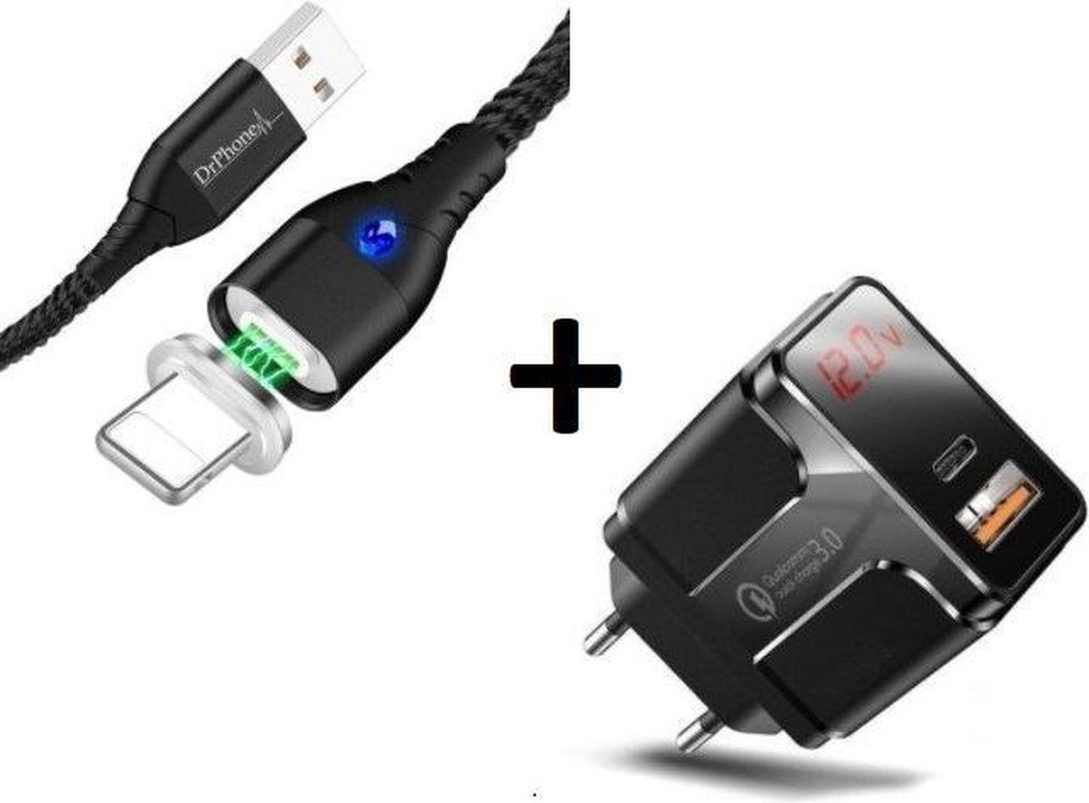 Drphone OPS 2 - Quick Charge 18W Thuislader + 2 Meter Magnetische iPhone/iPad Lightning 3A - Led Lightning - USB oplader