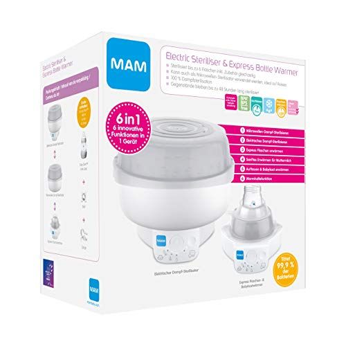 MAM 6in1 Sterilisator en Express Flesverwarmer, stoomsterilisator en flessenverwarmer, incl. 1x Easy Start Anti-Colic flesje (160 ml) en 1x Start fopspeen en 1 tang, grijs