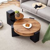 OKWISH Salontafelset Rond Met 2 Niveaus - Glas En MDF Zwart Houtlook - 61x30