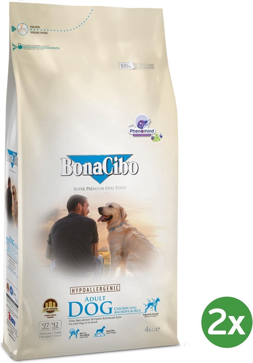 BonaCibo Dog Kip & Rijst met Ansjovis - Hypoallergeen Hondenvoer - 2 x 4 kg