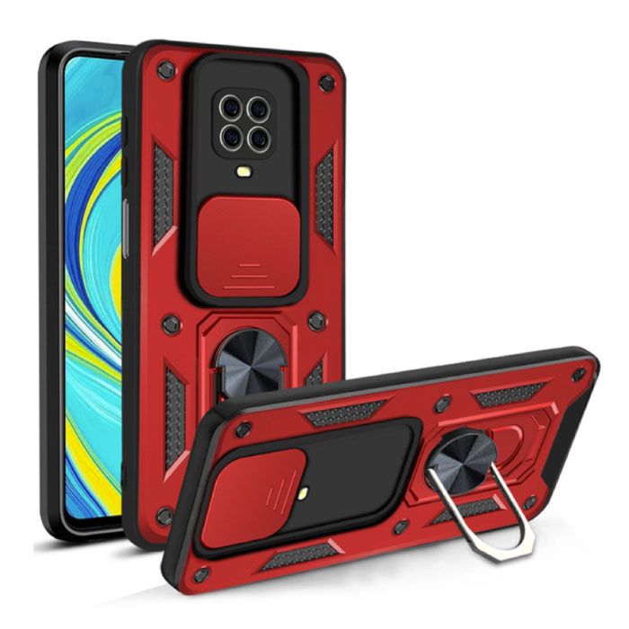 CYYWN Xiaomi Redmi Note 9 Pro Max - Armor Case with Kickstand and Camera Slide - Red