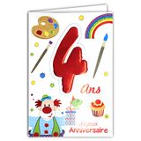 Age Mv 69-2004 kaart Happy Birthday 4 jaar kind jongen meisje clown motief vogel taart cupcake schilderij penselen regenboog