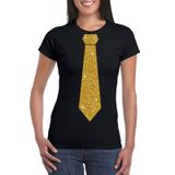 Bellatio Decorations Shoppartners Bv Zwart fun verkleed t-shirt - met stropdas - in glitter goud - dames - korte mouwen XL