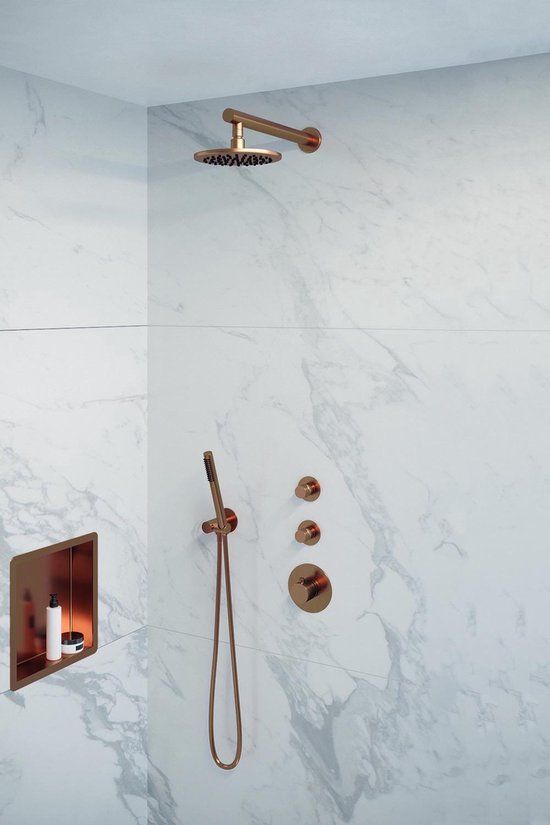 Brauer Copper Edition Thermostatische Inbouw Doucheset - Geborsteld Koper PVD - Hoofddouche 20cm - Wandarm - Staafhanddouche
