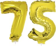 Merkloos / Sans marque 75 jaar leeftijd versiering cijfers - ballonnen op stokje - van 41 cm - Combi van cijfer 75 - in het goud - feestartikelen verjaardag