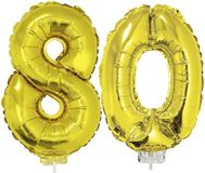 Merkloos / Sans marque Espa Nv 80 jaar leeftijd versiering cijfers - ballonnen op stokje - van 41 cm - Combi van cijfer 80 - in het goud - feestartikelen verjaardag