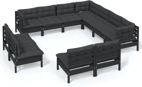 vidaXL 11-delige Loungeset met kussens massief grenenhout zwart