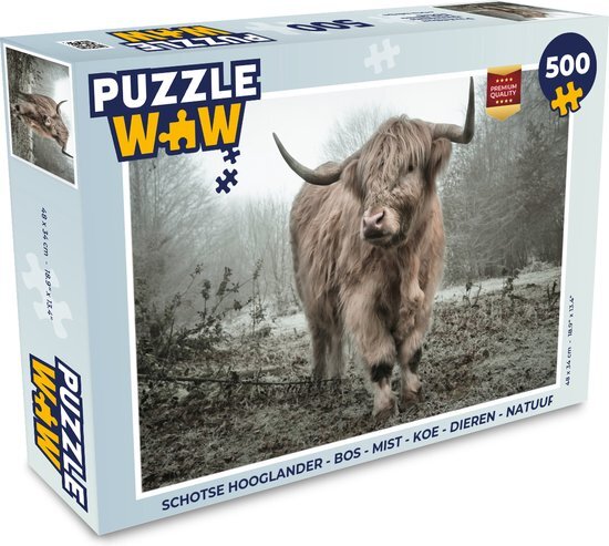 MuchoWow Puzzel Schotse Hooglander - Bos - Mist - Koe - Dieren - Natuur - Legpuzzel - Puzzel 500 stukjes - Sinterklaas cadeautjes - Sinterklaas voor grote kinderen