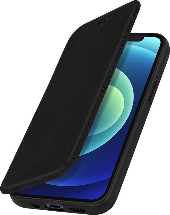 Akashi, Hoesje Geschikt voor iPhone 12 Mini Portemonnee van Leder met Standfunctie, Zwart