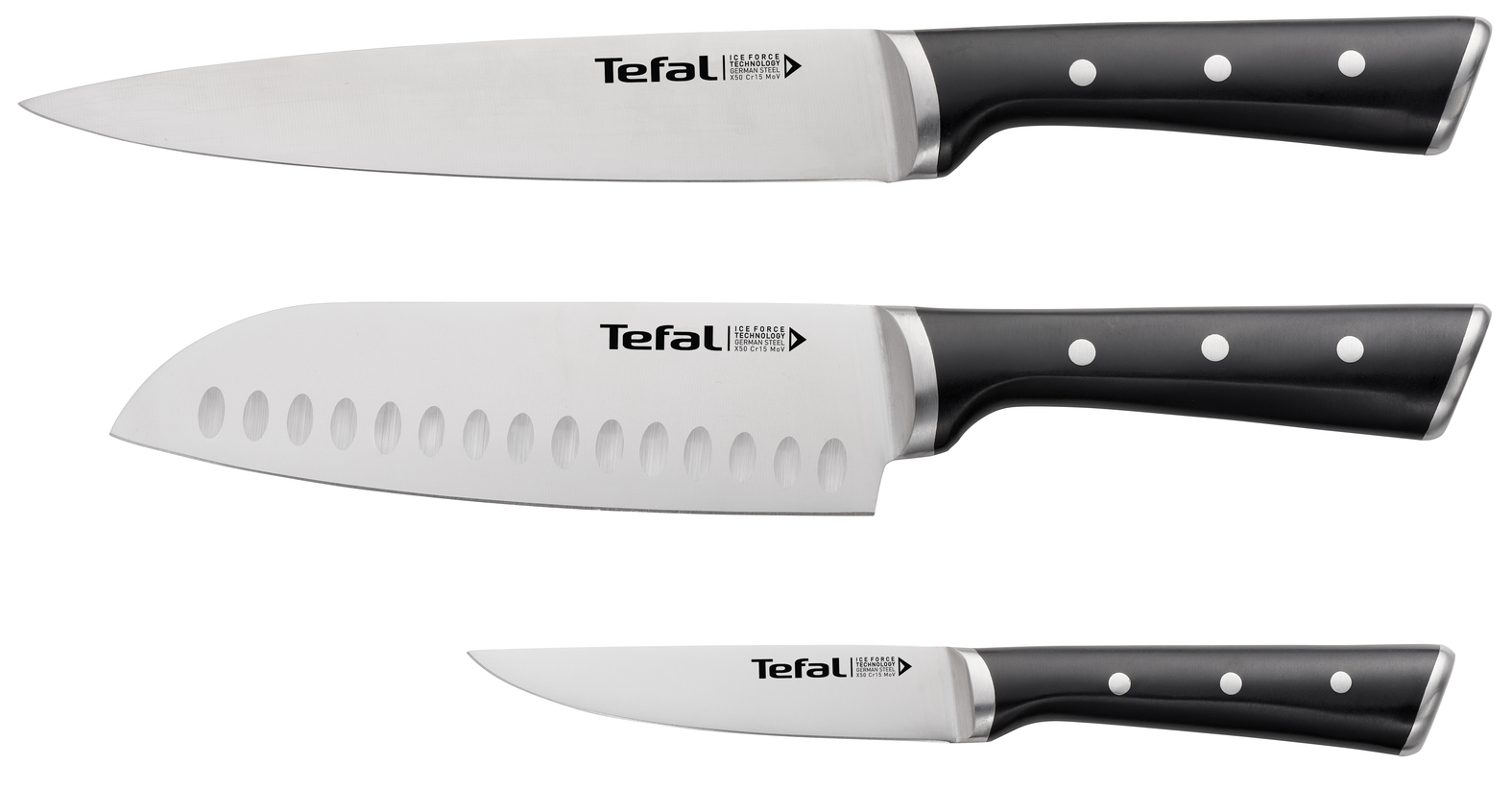 Tefal Ice Force 3-delige set: vleesmes 20 cm + santokumes 18 cm + universeel mes 11 cm