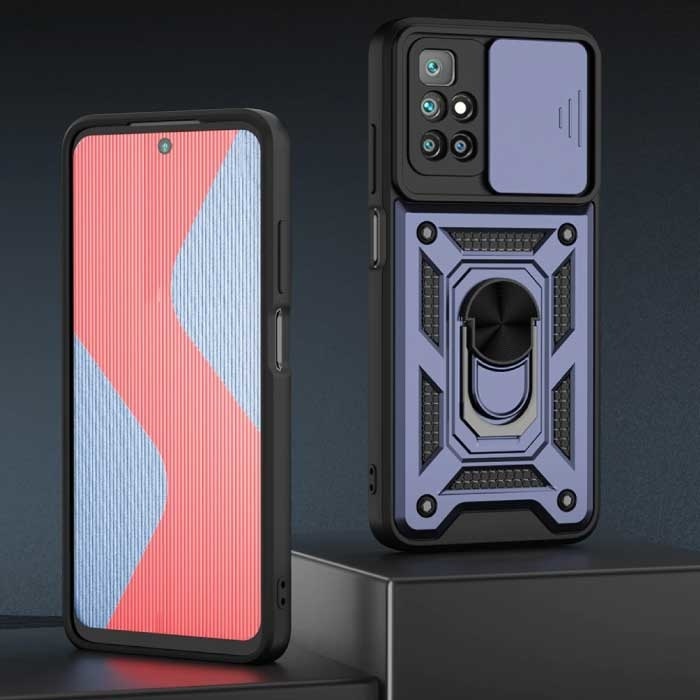 Keysion Keysion Xiaomi Poco M3 Pro - Armor Hoesje met Kickstand en Camera Bescherming - Pop Grip Cover Case Blauw