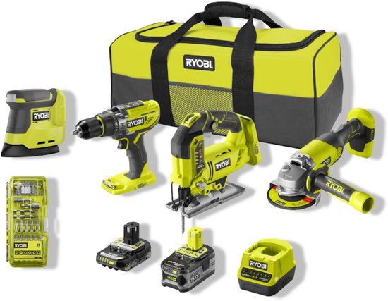 Ryobi ONE+ 18V 4-delig combokit incl. 1x 5.0Ah accu, 1x 2.0 Ah accu en lader