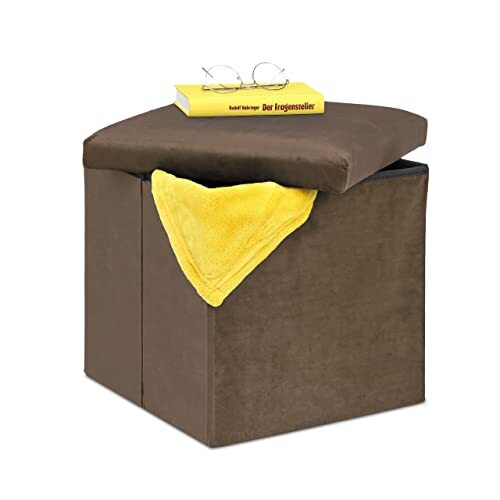 Relaxdays Kruk, zitkubus met opbergruimte, h x b x d: 38 x 38 cm, opvouwbaar, opbergkruk van MDF & fluweel, bruin