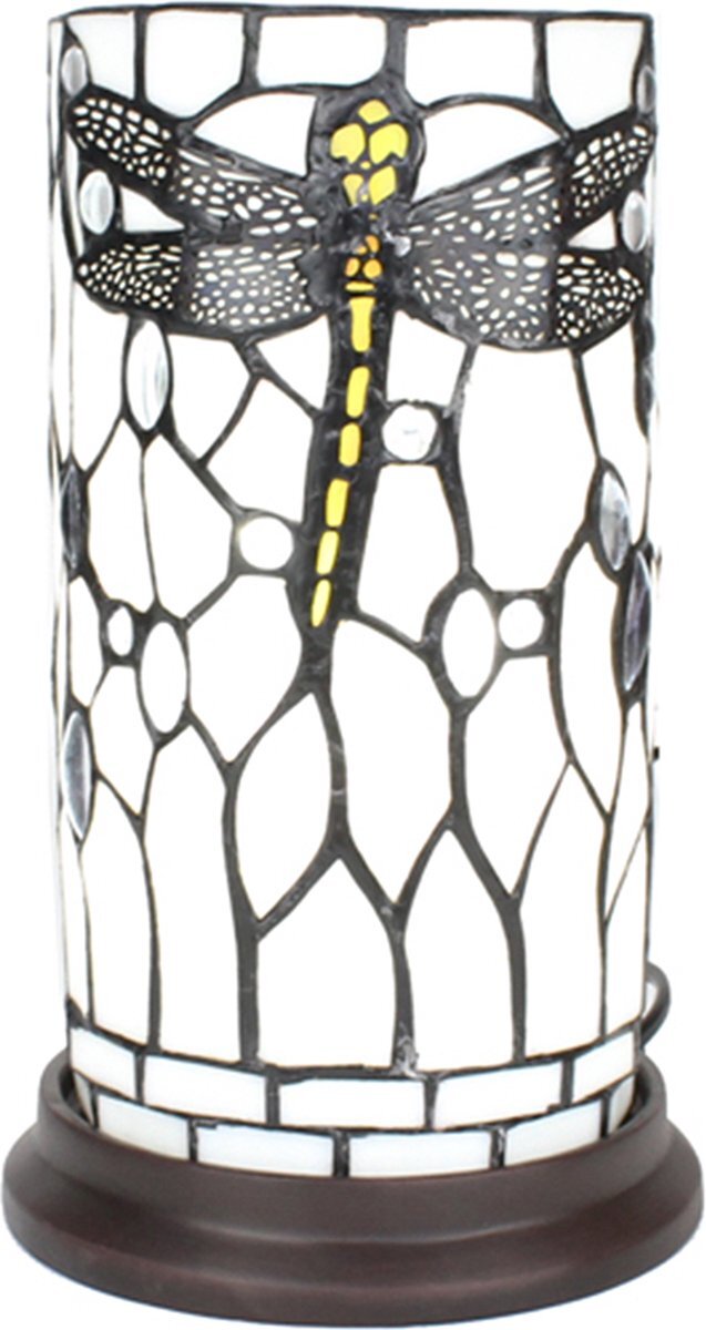 HAES deco - Tiffany Tafellamp Ø 15x26 cm Wit Grijs Glas Kunststof Rond Libelle Tiffany Bureaulamp Tiffany Lampen Glas in Lood