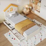 Ropilly Kinderbed 90x200 cm, huisbed met gestoffeerd hoofdeinde, 4 lades en bekleding van Franse fluweel voor de kinderkamer