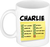 Bellatio Decorations Naam mok Charlie - wit - top gozer - keramiek - 300 ml - cadeau collega beker