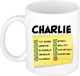 Bellatio Decorations Naam mok Charlie - wit - top gozer - keramiek - 300 ml - cadeau collega beker