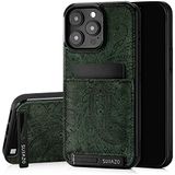 SURAZO Echt lederen achterkant case voor Apple iPhone 15 Pro Max, stootvast lederen telefoonhoes met kaartenvak, standfunctie, sleutelhanger, florale slim bumper beschermhoes (ornamentgroen)