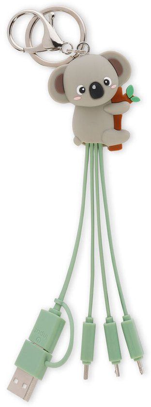 Legami - Koala-Multiples oplaadkabel met sleutelhanger, 4 oplaadkabels, USB type C, micro-USB, Lightning, met USB-C-adapter, TPE-gecoate kabel
