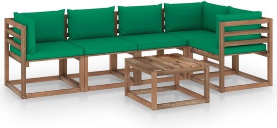 The Living Store Loungeset Pallet - Grenenhout - 64x64x70 cm - Groen kussen