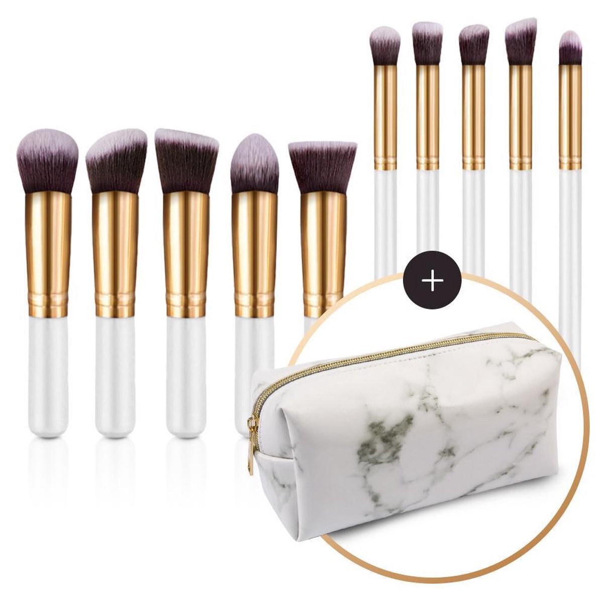 Evvie set van 10 make-up kwasten kabuki - in marble etui - Wit-Goud