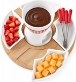 5five Set à fondue - blanc - porcelaine - Dia 26 cm - 4 fourchettes à fondue - pour chocolat/fromage