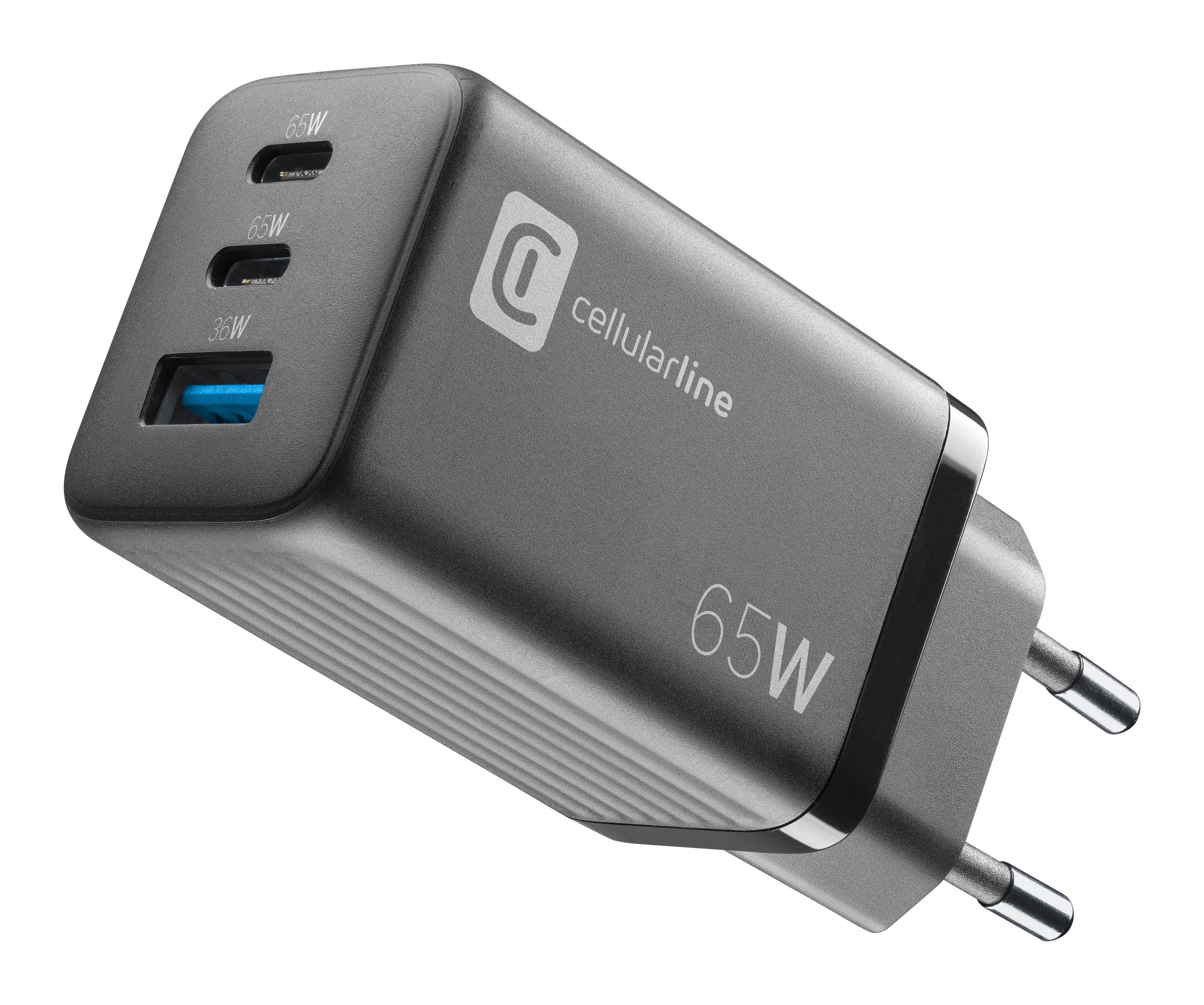 Cellularline 65W GaN USB-A + 2x USB-C PD Charger - Black