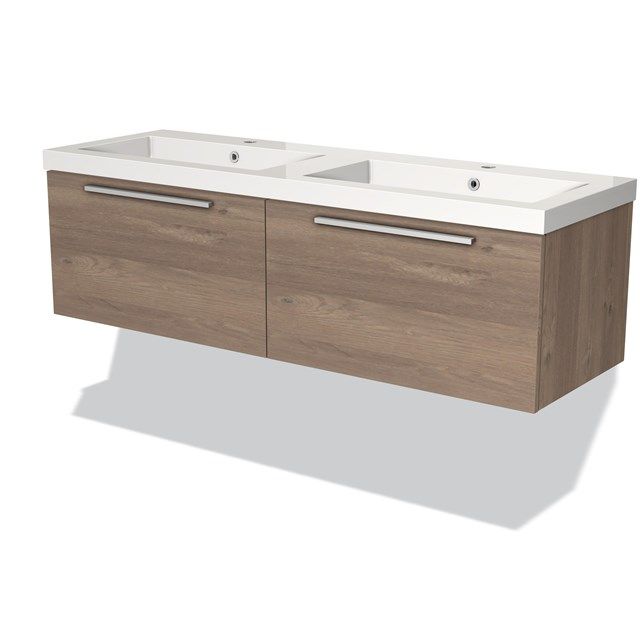 Maxaro Badkamermeubel 140cm Modulo Middenbruin Eiken 2 Lades Vlak Wastafel Mineraalmarmer