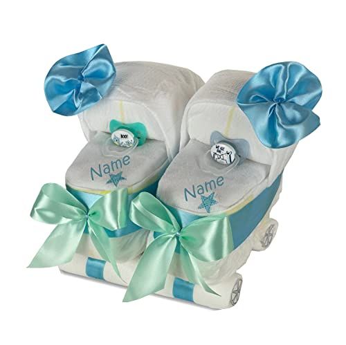 Luier taart tweelingwagen blauw - cadeau voor tweelingen - luierkinderwagen voor jongens | geboortecadeau, babyshower en babyshower