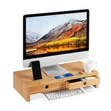 Relaxdays Monitorstandaard, van bamboe, beeldschermverhoging met 2 laden en planken, bureau, 12 x 56 x 27 cm (h x b x d), naturel