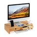 Relaxdays Monitorstandaard, van bamboe, beeldschermverhoging met 2 laden en planken, bureau, 12 x 56 x 27 cm (h x b x d), naturel