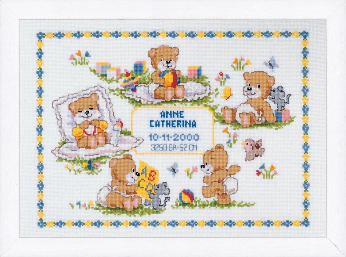 Vervaco Cross Stitch Kit: Geboorterecord: Teddies, 100% katoen, meerkleurig, 36 x 2 x 26 cm