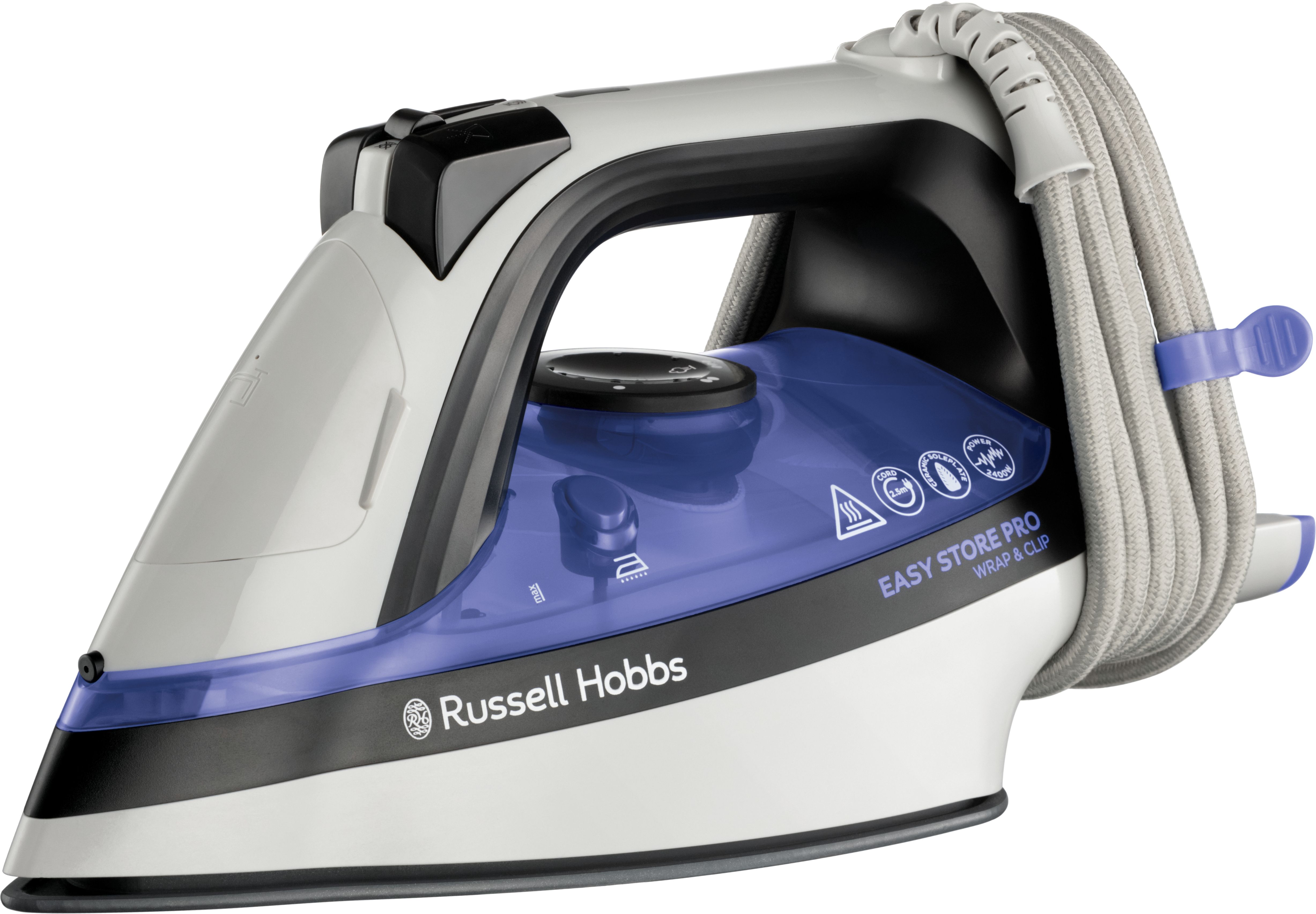 Russell Hobbs Wrap & Clip Steam Iron - 2400W - Ceramic Soleplate - Black/Blue/White