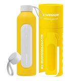 Wessper Glazen drinkfles 1 liter, Motivatie fles met hydratatie schaal, Borosilicaat glazen flessen met siliconen hoes, BPA-vrij veilig materiaal - Geel