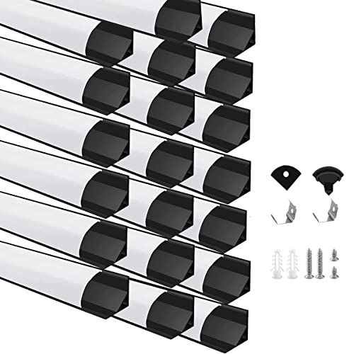 Besseto LED aluminium profiel 20 x 1 m, V-vorm LED-profiel zwart, LED-strip licht diffuser profiel met melkachtige afdekking, eindkappen en montageklem aluminium profielen voor ledstrips (20 x 1 m V-vorm)