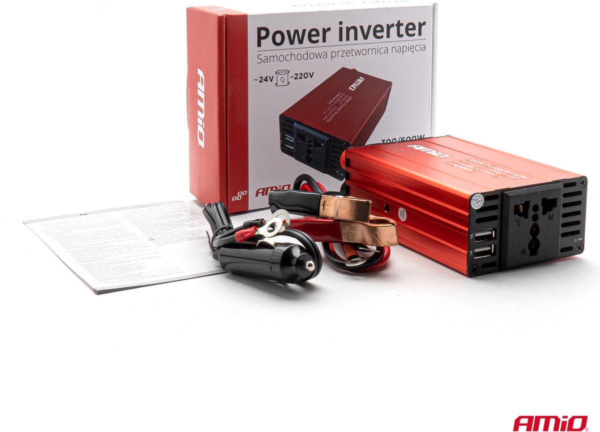 Amio omvormer 24V naar 230V - 2x USB aansluiting - Stroom Inverter Converter 300/600W