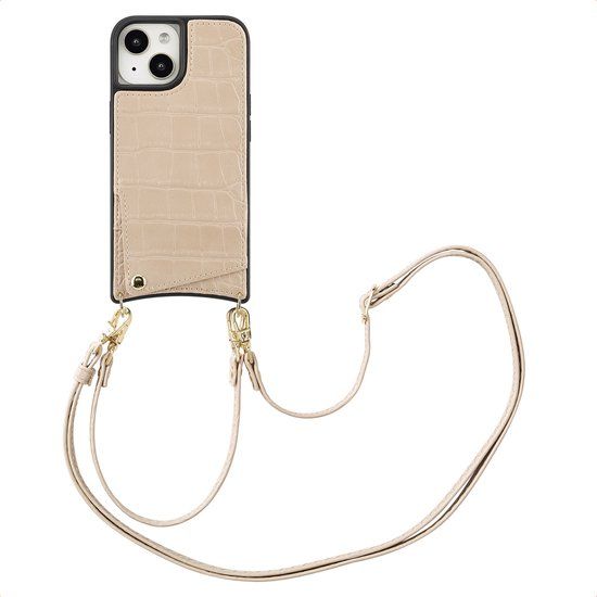 Selencia Hoesje - Geschikt voor Apple iPhone 15 - Croco Backcover met koord en pashouder - Beige