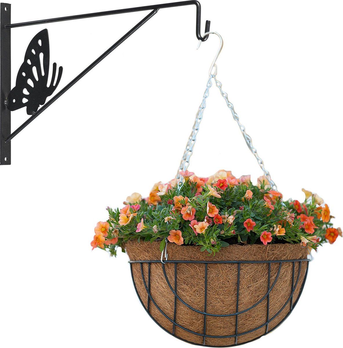 Bellatio Decorations Hanging basket met muurhaak vlinder antraciet en kokos inlegvel - metaal - complete hangmand set