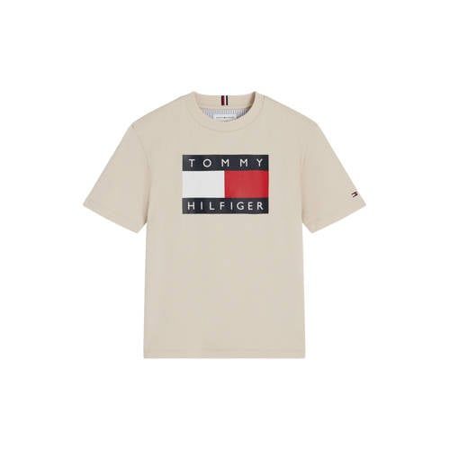 Tommy Hilfiger T-shirt beige Jongens Katoen Ronde hals Logo - maat 110