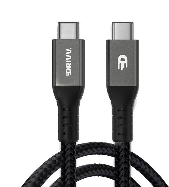 Drivv. USB C naar USB C Kabel 4.0 - Gen 3 - 240W Snellader - 8K 60Hz - 40Gbps - 1 Meter - Nylon - Zwart