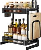 Merkloos 2-Tier Spice Rack Organizer RVS Keuken Aanrecht Opslag Plank - Bestek Houder & Snijplank Rack - Zwart