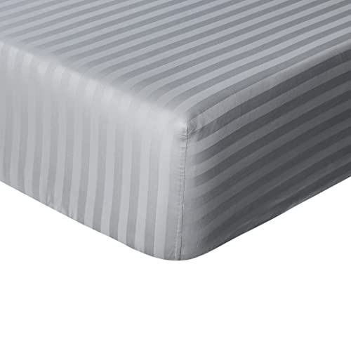 Sleepdown Hotel Quality Fitted Sheet - 100% Cotton Sateen Stripe - Grey - King