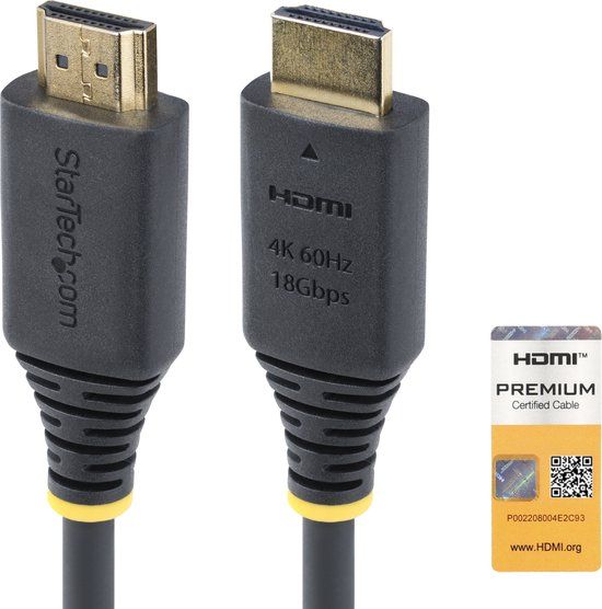 StarTech.com 1m Premium Gecertificeerde High Speed HDMI Kabel, 4K 60Hz/1440p 144Hz, HDR10/HDCP 2.2/ARC, 18Gbps, UHD HDMI 2.0 Kabel voor TV/Monitor/Display, TPE Mantel